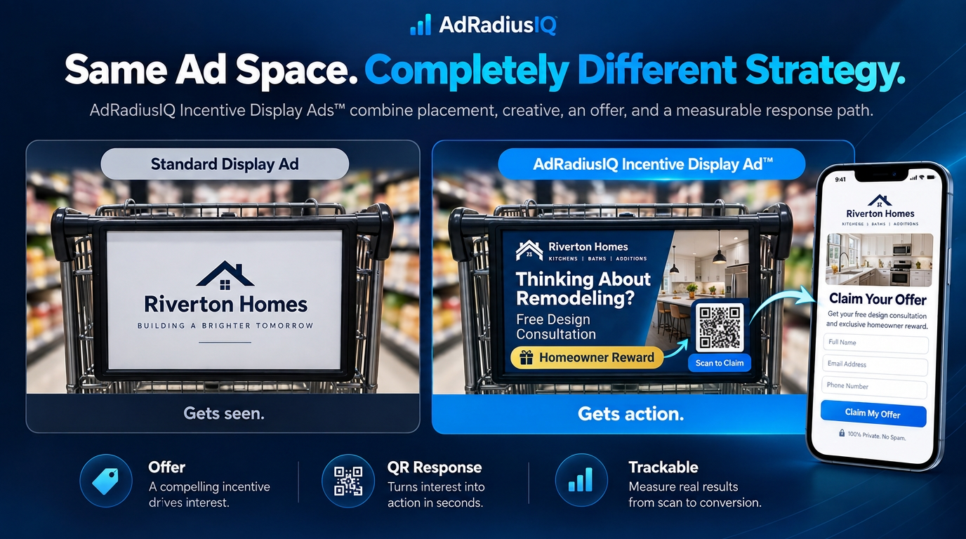 Comparison of a standard display advertisement and an AdRadiusIQ Incentive Display Ad with offer, QR code, mobile claim page and response tracking.